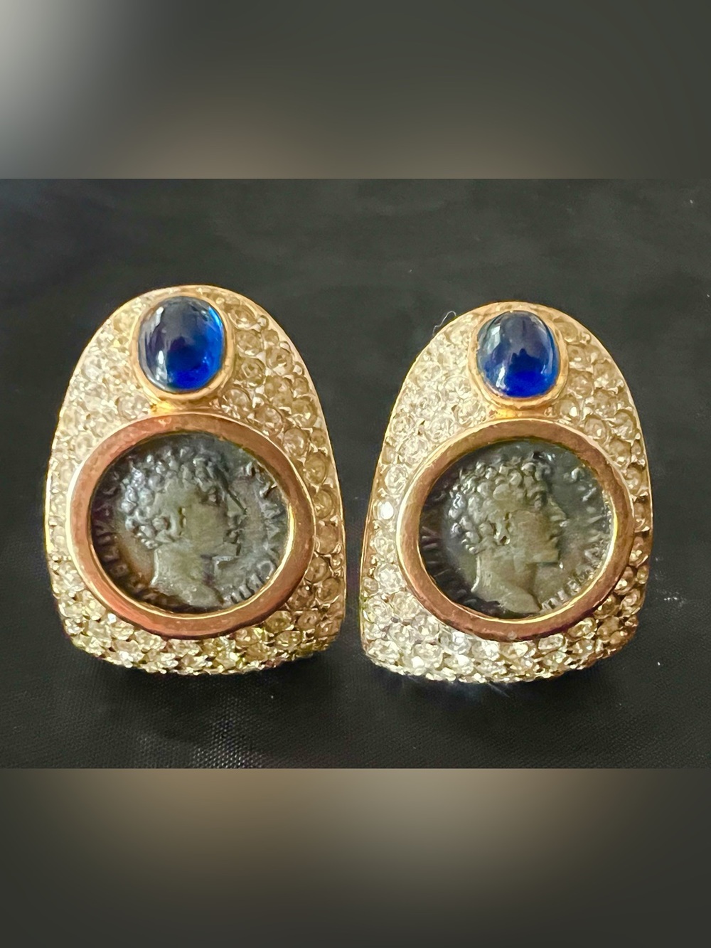 Ciner Vintage Gold-Tone Coin & Blue Cabochon Statement Earrings